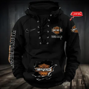 Harley Davidson Hooded Black Lace-up Hoodie VDHLUH001