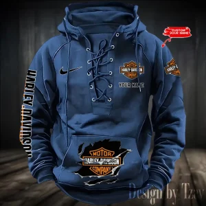Harley Davidson Hooded Blue Lace-up Hoodie VDHLUH001