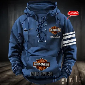Harley Davidson Hooded Blue Lace-up Hoodie VDHLUH002