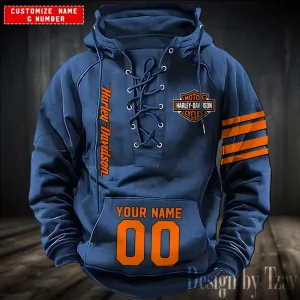 Harley Davidson Hooded Blue Lace-up Hoodie VDHLUH004