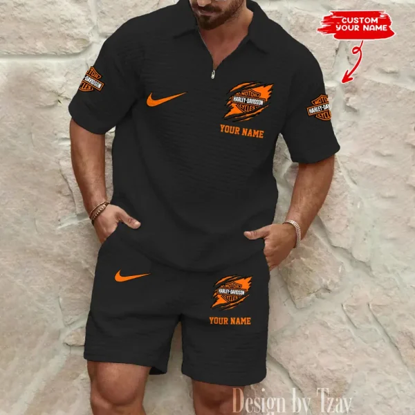 Harley Davidson Comfortable Summer Mens Casual Fashion Pure Color Plaid Shirt Shorts 2 Piece Set Short Sleeve MTTMSSTF001