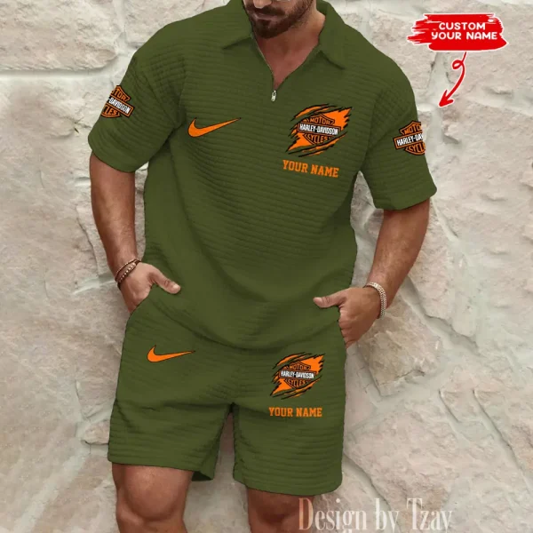 Harley Davidson Comfortable Summer Mens Casual Fashion Pure Color Plaid Shirt Shorts 2 Piece Set Short Sleeve MTTMSSTF001 - Image 2