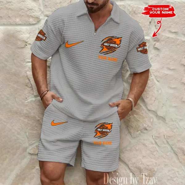 Harley Davidson Comfortable Summer Mens Casual Fashion Pure Color Plaid Shirt Shorts 2 Piece Set Short Sleeve MTTMSSTF001 - Image 3