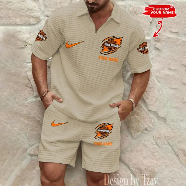 Harley Davidson Comfortable Summer Mens Casual Fashion Pure Color Plaid Shirt Shorts 2 Piece Set Short Sleeve MTTMSSTF001 - Image 4