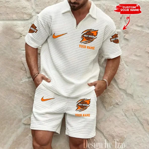 Harley Davidson Comfortable Summer Mens Casual Fashion Pure Color Plaid Shirt Shorts 2 Piece Set Short Sleeve MTTMSSTF001 - Image 5
