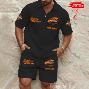 Harley Davidson Comfortable Summer Mens Casual Fashion Pure Color Plaid Shirt Shorts 2 Piece Set Short Sleeve MTTMSSTF002