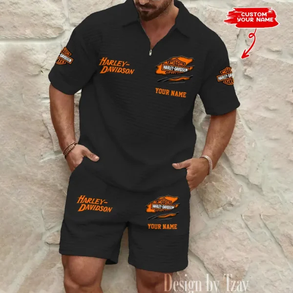 Harley Davidson Comfortable Summer Mens Casual Fashion Pure Color Plaid Shirt Shorts 2 Piece Set Short Sleeve MTTMSSTF002