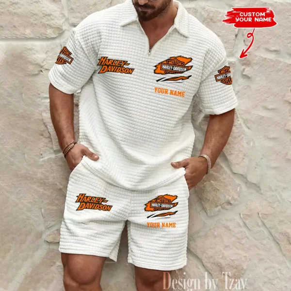 Harley Davidson Comfortable Summer Mens Casual Fashion Pure Color Plaid Shirt Shorts 2 Piece Set Short Sleeve MTTMSSTF002 - Image 2