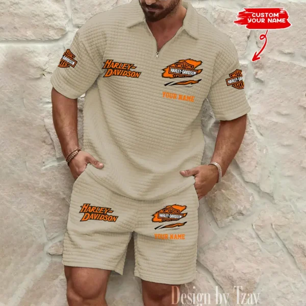 Harley Davidson Comfortable Summer Mens Casual Fashion Pure Color Plaid Shirt Shorts 2 Piece Set Short Sleeve MTTMSSTF002 - Image 3