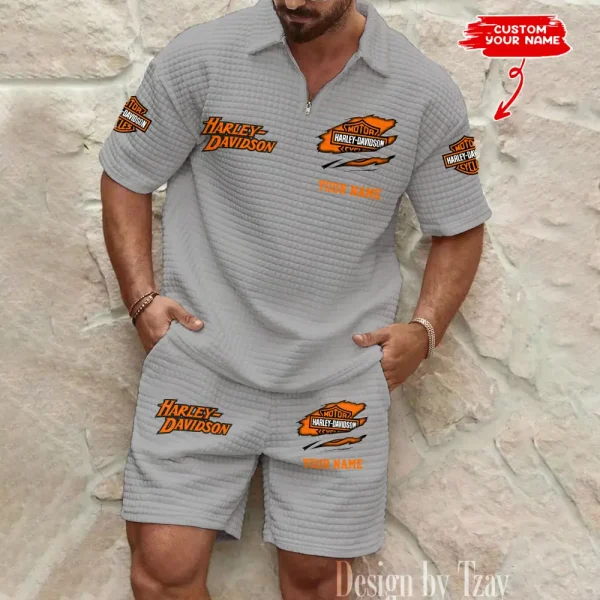 Harley Davidson Comfortable Summer Mens Casual Fashion Pure Color Plaid Shirt Shorts 2 Piece Set Short Sleeve MTTMSSTF002 - Image 4