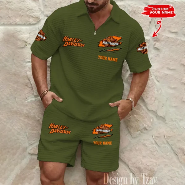 Harley Davidson Comfortable Summer Mens Casual Fashion Pure Color Plaid Shirt Shorts 2 Piece Set Short Sleeve MTTMSSTF002 - Image 5