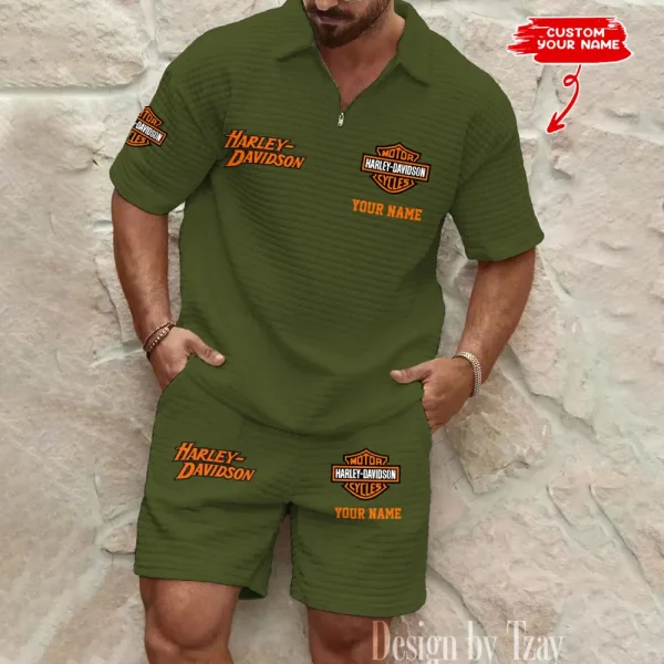 Harley Davidson Comfortable Summer Mens Casual Fashion Pure Color Plaid Shirt Shorts 2 Piece Set Short Sleeve MTTMSSTF003 - Image 2