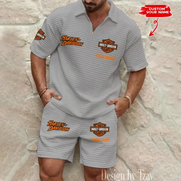 Harley Davidson Comfortable Summer Mens Casual Fashion Pure Color Plaid Shirt Shorts 2 Piece Set Short Sleeve MTTMSSTF003 - Image 3