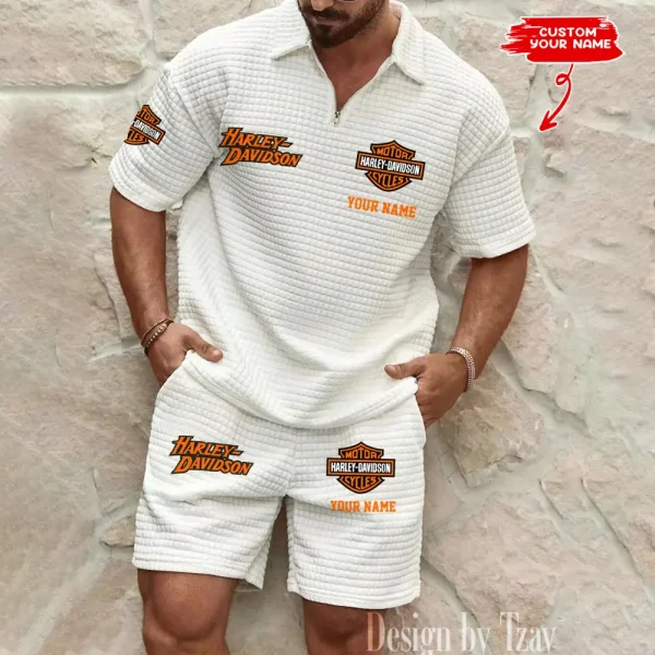 Harley Davidson Comfortable Summer Mens Casual Fashion Pure Color Plaid Shirt Shorts 2 Piece Set Short Sleeve MTTMSSTF003 - Image 4