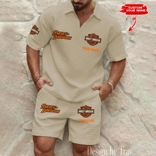 Harley Davidson Comfortable Summer Mens Casual Fashion Pure Color Plaid Shirt Shorts 2 Piece Set Short Sleeve MTTMSSTF003 - Image 5