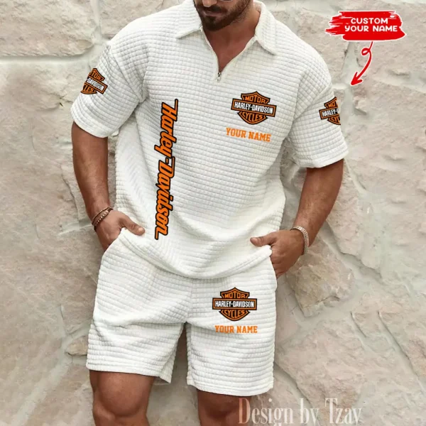 Harley Davidson Comfortable Summer Mens Casual Fashion Pure Color Plaid Shirt Shorts 2 Piece Set Short Sleeve MTTMSSTF004 - Image 2