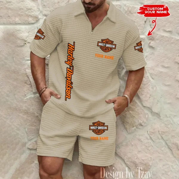 Harley Davidson Comfortable Summer Mens Casual Fashion Pure Color Plaid Shirt Shorts 2 Piece Set Short Sleeve MTTMSSTF004 - Image 3