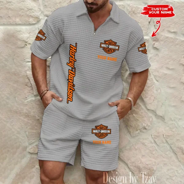 Harley Davidson Comfortable Summer Mens Casual Fashion Pure Color Plaid Shirt Shorts 2 Piece Set Short Sleeve MTTMSSTF004 - Image 4