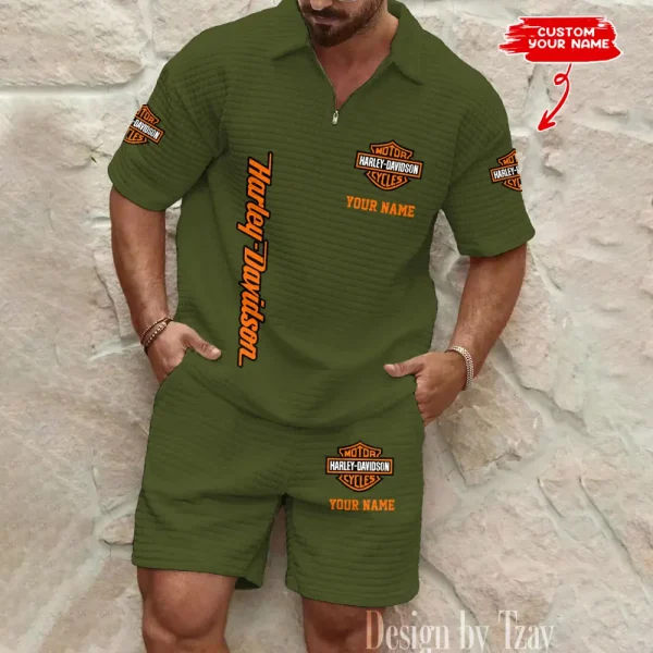Harley Davidson Comfortable Summer Mens Casual Fashion Pure Color Plaid Shirt Shorts 2 Piece Set Short Sleeve MTTMSSTF004 - Image 5
