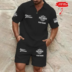 Harley Davidson Comfortable Summer Mens Casual Fashion Pure Color Plaid Shirt Shorts 2 Piece Set Short Sleeve MTTMSSTF005