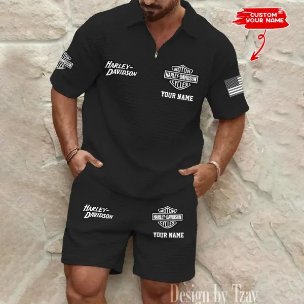 Harley Davidson Comfortable Summer Mens Casual Fashion Pure Color Plaid Shirt Shorts 2 Piece Set Short Sleeve MTTMSSTF005