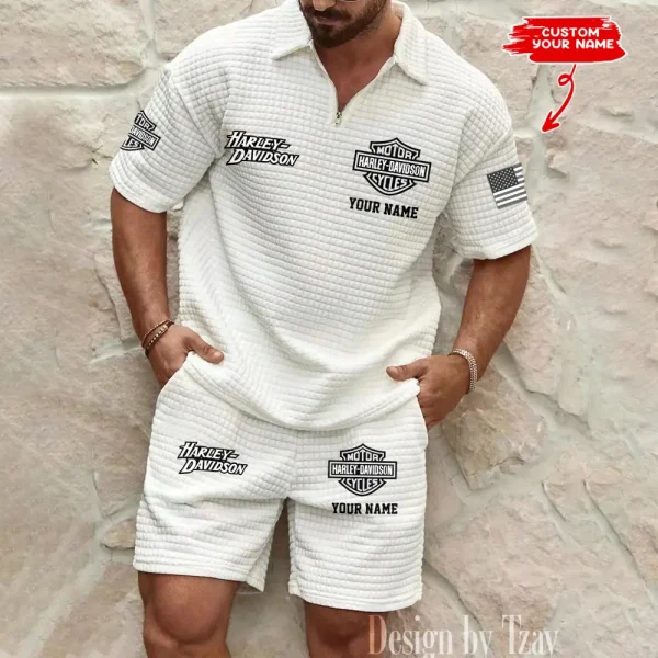 Harley Davidson Comfortable Summer Mens Casual Fashion Pure Color Plaid Shirt Shorts 2 Piece Set Short Sleeve MTTMSSTF005 - Image 2