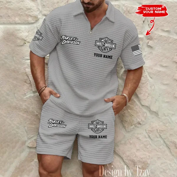 Harley Davidson Comfortable Summer Mens Casual Fashion Pure Color Plaid Shirt Shorts 2 Piece Set Short Sleeve MTTMSSTF005 - Image 3