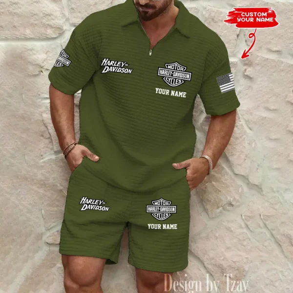 Harley Davidson Comfortable Summer Mens Casual Fashion Pure Color Plaid Shirt Shorts 2 Piece Set Short Sleeve MTTMSSTF005 - Image 4