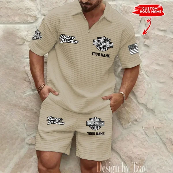 Harley Davidson Comfortable Summer Mens Casual Fashion Pure Color Plaid Shirt Shorts 2 Piece Set Short Sleeve MTTMSSTF005 - Image 5