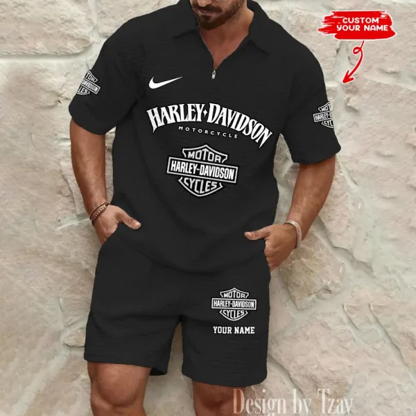 Harley Davidson Comfortable Summer Mens Casual Fashion Pure Color Plaid Shirt Shorts 2 Piece Set Short Sleeve MTTMSSTF006