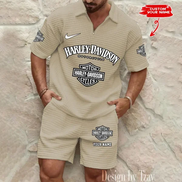 Harley Davidson Comfortable Summer Mens Casual Fashion Pure Color Plaid Shirt Shorts 2 Piece Set Short Sleeve MTTMSSTF006 - Image 2