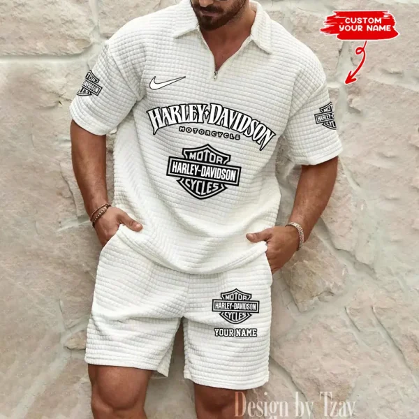Harley Davidson Comfortable Summer Mens Casual Fashion Pure Color Plaid Shirt Shorts 2 Piece Set Short Sleeve MTTMSSTF006 - Image 3