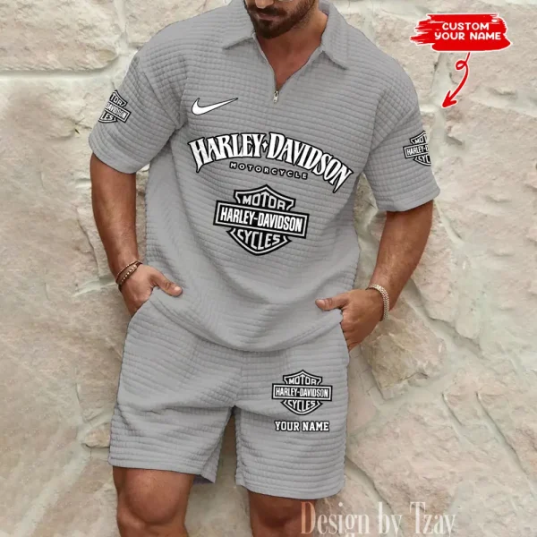 Harley Davidson Comfortable Summer Mens Casual Fashion Pure Color Plaid Shirt Shorts 2 Piece Set Short Sleeve MTTMSSTF006 - Image 4
