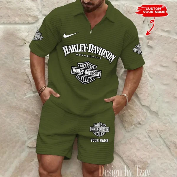 Harley Davidson Comfortable Summer Mens Casual Fashion Pure Color Plaid Shirt Shorts 2 Piece Set Short Sleeve MTTMSSTF006 - Image 5