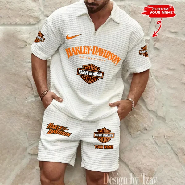 Harley Davidson Comfortable Summer Mens Casual Fashion Pure Color Plaid Shirt Shorts 2 Piece Set Short Sleeve MTTMSSTF007