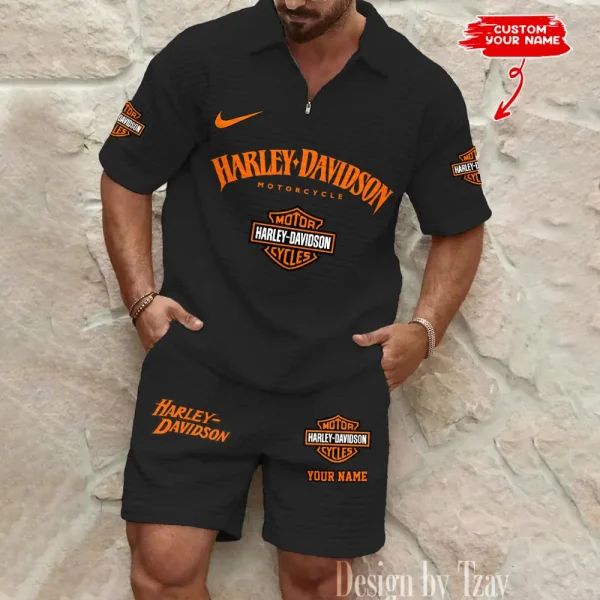 Harley Davidson Comfortable Summer Mens Casual Fashion Pure Color Plaid Shirt Shorts 2 Piece Set Short Sleeve MTTMSSTF007 - Image 2