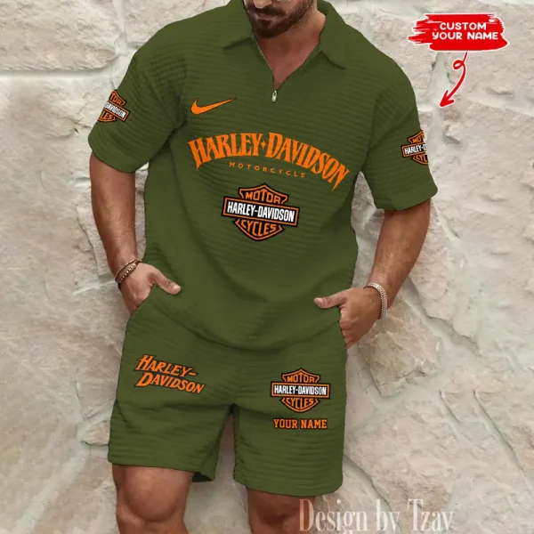 Harley Davidson Comfortable Summer Mens Casual Fashion Pure Color Plaid Shirt Shorts 2 Piece Set Short Sleeve MTTMSSTF007 - Image 3