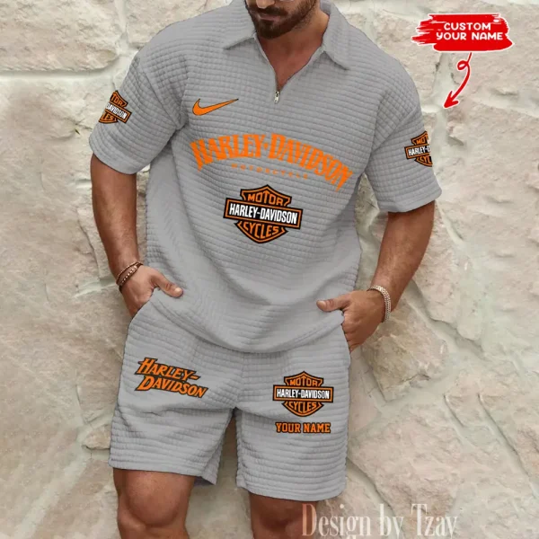 Harley Davidson Comfortable Summer Mens Casual Fashion Pure Color Plaid Shirt Shorts 2 Piece Set Short Sleeve MTTMSSTF007 - Image 4