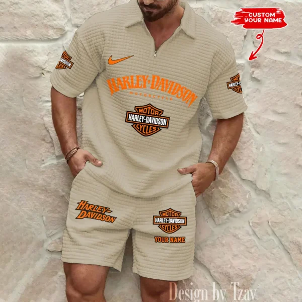 Harley Davidson Comfortable Summer Mens Casual Fashion Pure Color Plaid Shirt Shorts 2 Piece Set Short Sleeve MTTMSSTF007 - Image 5