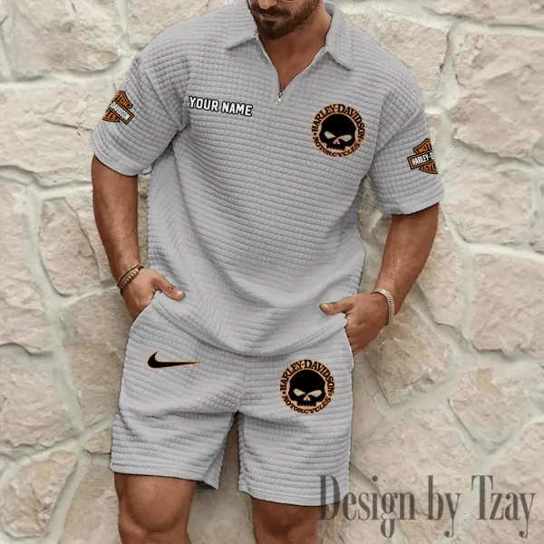 Harley Davidson Comfortable Summer Mens Casual Fashion Pure Color Plaid Shirt Shorts 2 Piece Set Short Sleeve MTTMSSTF008