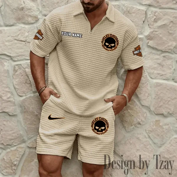 Harley Davidson Comfortable Summer Mens Casual Fashion Pure Color Plaid Shirt Shorts 2 Piece Set Short Sleeve MTTMSSTF008 - Image 2