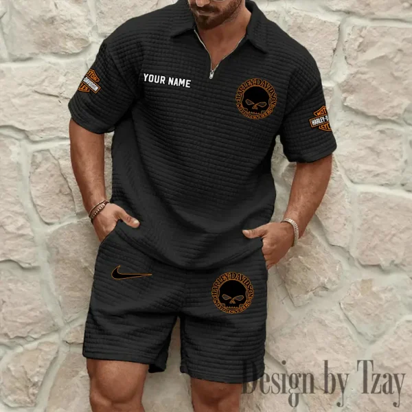 Harley Davidson Comfortable Summer Mens Casual Fashion Pure Color Plaid Shirt Shorts 2 Piece Set Short Sleeve MTTMSSTF008 - Image 3