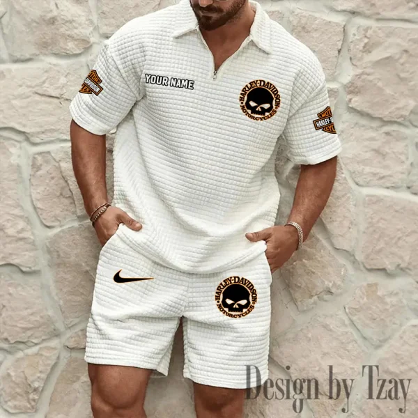 Harley Davidson Comfortable Summer Mens Casual Fashion Pure Color Plaid Shirt Shorts 2 Piece Set Short Sleeve MTTMSSTF008 - Image 4