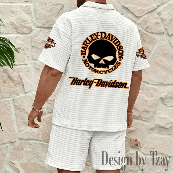 Harley Davidson Comfortable Summer Mens Casual Fashion Pure Color Plaid Shirt Shorts 2 Piece Set Short Sleeve MTTMSSTF008 - Image 5