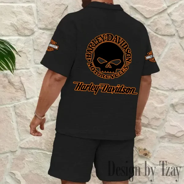 Harley Davidson Comfortable Summer Mens Casual Fashion Pure Color Plaid Shirt Shorts 2 Piece Set Short Sleeve MTTMSSTF008 - Image 6