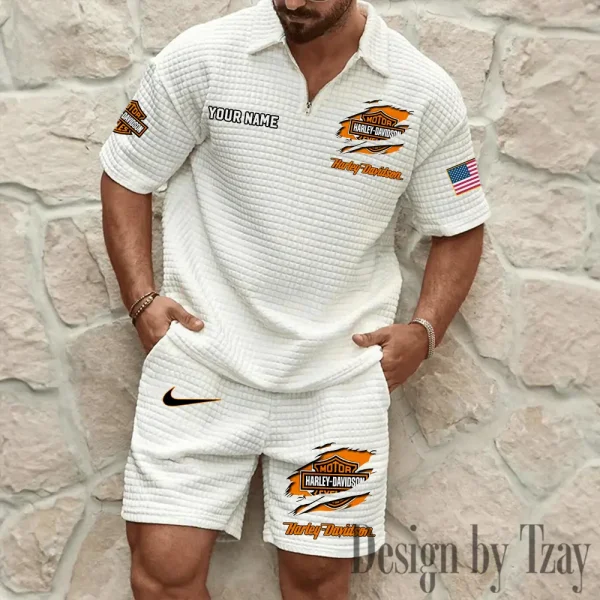 Harley Davidson Comfortable Summer Mens Casual Fashion Pure Color Plaid Shirt Shorts 2 Piece Set Short Sleeve MTTMSSTF009