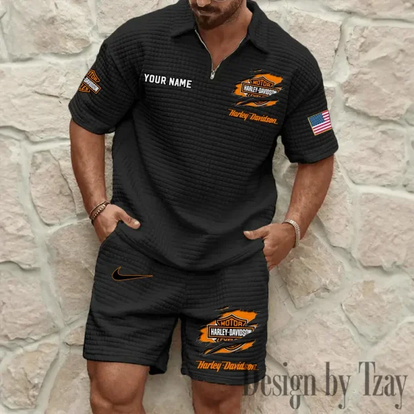 Harley Davidson Comfortable Summer Mens Casual Fashion Pure Color Plaid Shirt Shorts 2 Piece Set Short Sleeve MTTMSSTF009 - Image 2