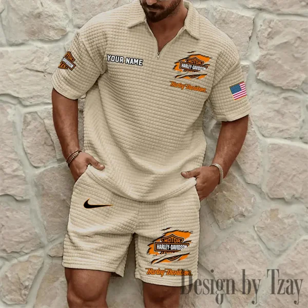 Harley Davidson Comfortable Summer Mens Casual Fashion Pure Color Plaid Shirt Shorts 2 Piece Set Short Sleeve MTTMSSTF009 - Image 3