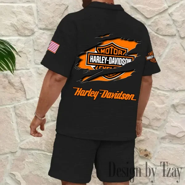 Harley Davidson Comfortable Summer Mens Casual Fashion Pure Color Plaid Shirt Shorts 2 Piece Set Short Sleeve MTTMSSTF009 - Image 4