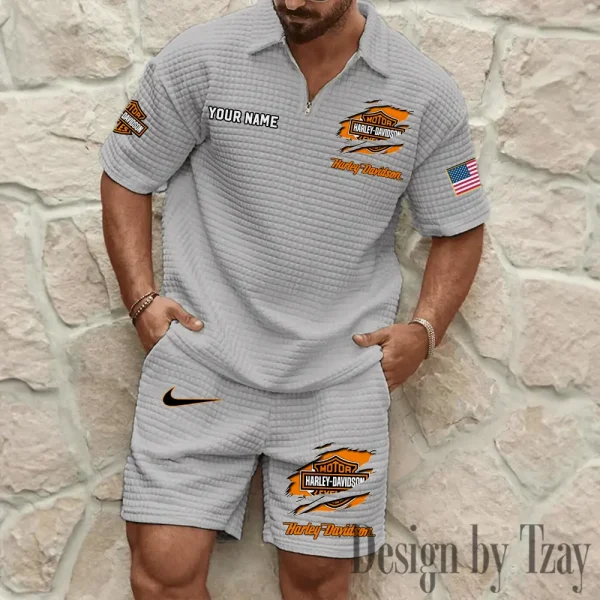 Harley Davidson Comfortable Summer Mens Casual Fashion Pure Color Plaid Shirt Shorts 2 Piece Set Short Sleeve MTTMSSTF009 - Image 5